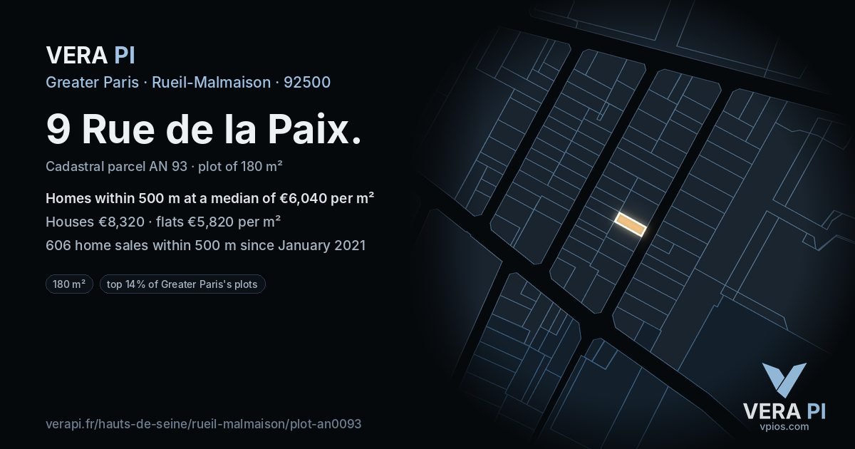 9 Rue de la Paix, Rueil-Malmaison at night – the plot lit, the parcels around coloured by the prices near them