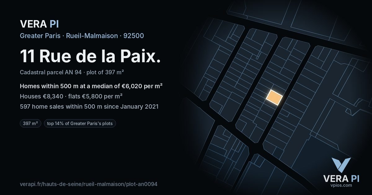 11 Rue de la Paix, Rueil-Malmaison at night – the plot lit, the parcels around coloured by the prices near them