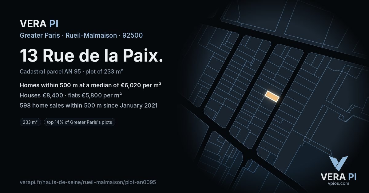 13 Rue de la Paix, Rueil-Malmaison at night – the plot lit, the parcels around coloured by the prices near them