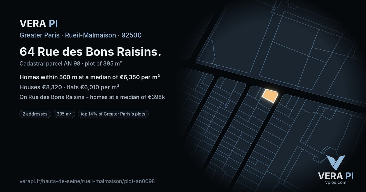 64 Rue des Bons Raisins, Rueil-Malmaison at night – the plot lit, the parcels around coloured by the prices near them