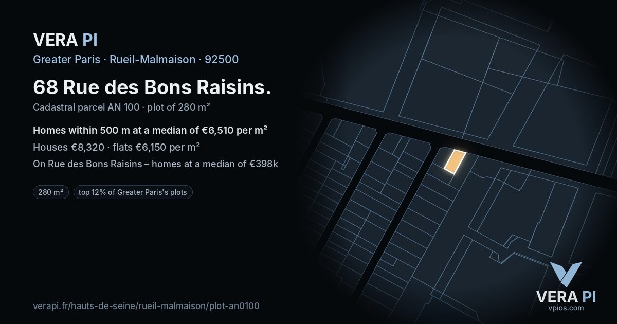 68 Rue des Bons Raisins, Rueil-Malmaison at night – the plot lit, the parcels around coloured by the prices near them