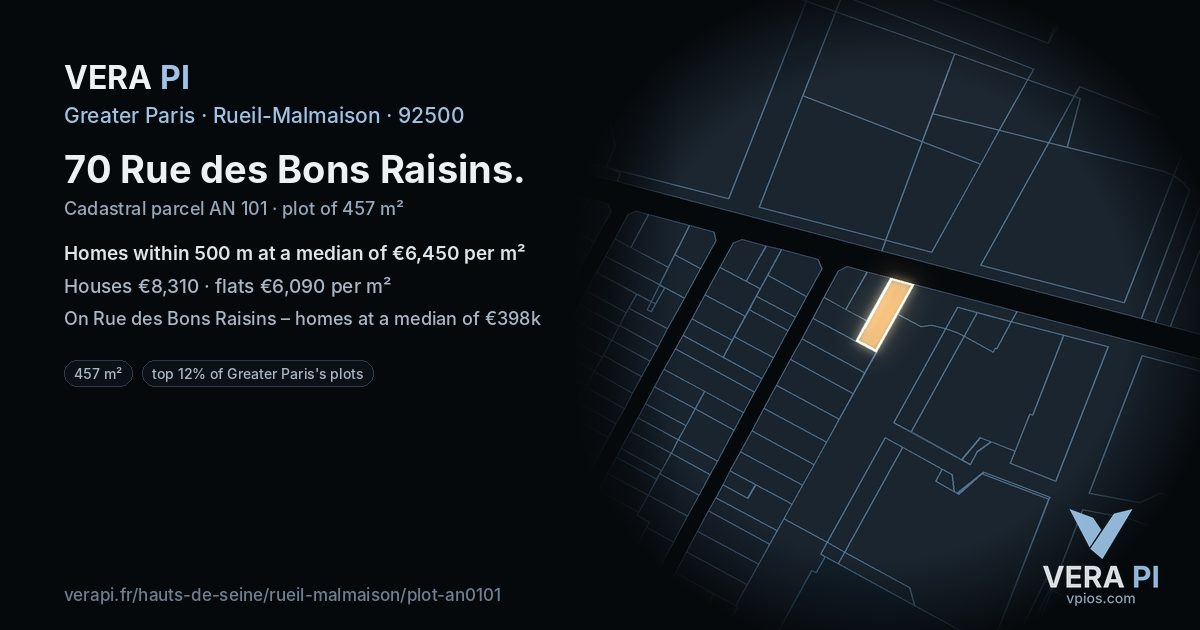 70 Rue des Bons Raisins, Rueil-Malmaison at night – the plot lit, the parcels around coloured by the prices near them