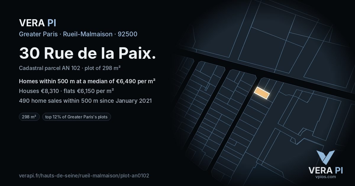 30 Rue de la Paix, Rueil-Malmaison at night – the plot lit, the parcels around coloured by the prices near them