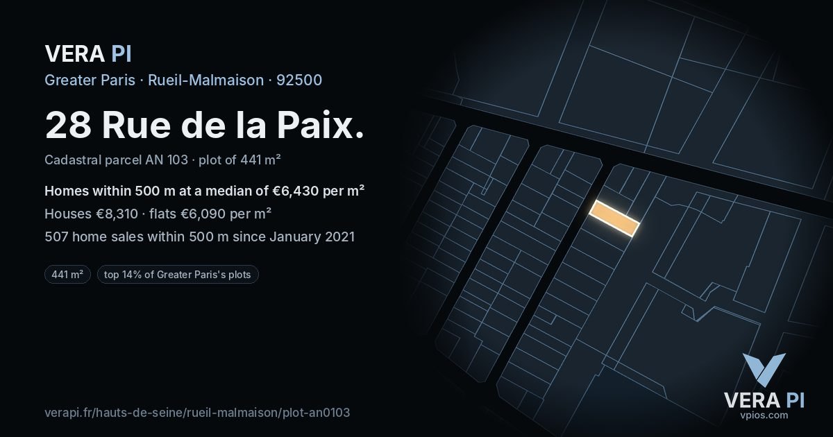 28 Rue de la Paix, Rueil-Malmaison at night – the plot lit, the parcels around coloured by the prices near them