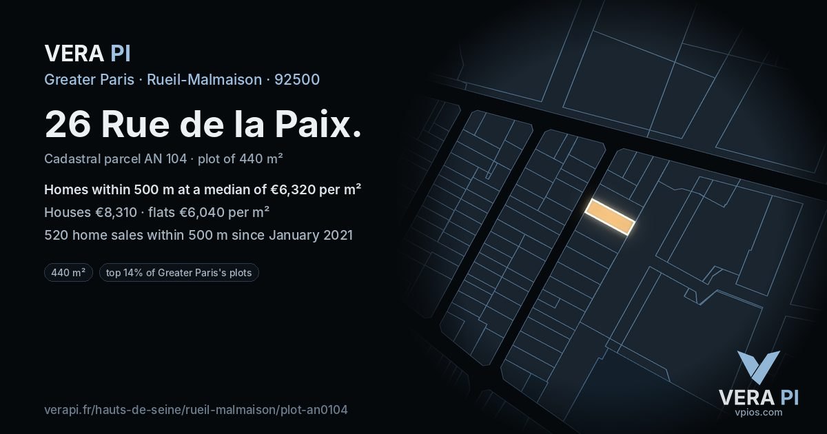 26 Rue de la Paix, Rueil-Malmaison at night – the plot lit, the parcels around coloured by the prices near them