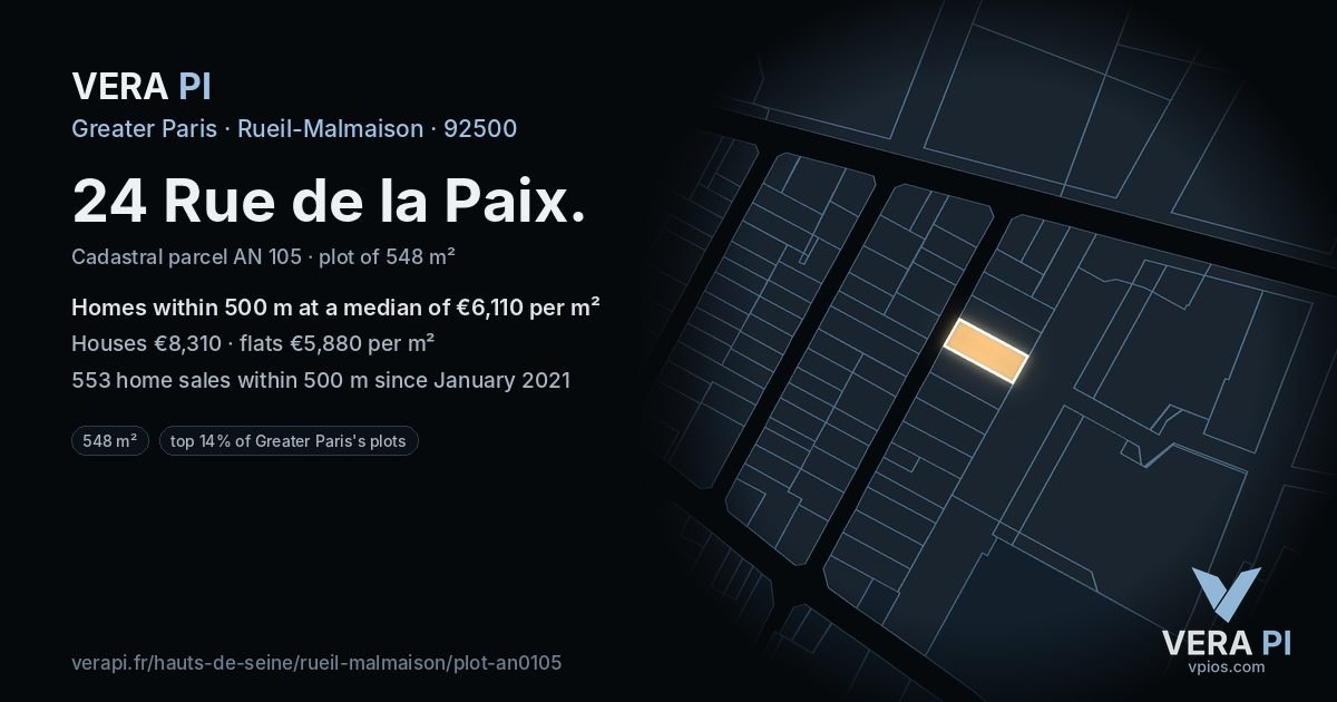 24 Rue de la Paix, Rueil-Malmaison at night – the plot lit, the parcels around coloured by the prices near them