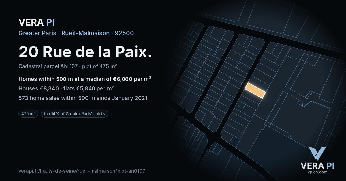 20 Rue de la Paix, Rueil-Malmaison at night – the plot lit, the parcels around coloured by the prices near them