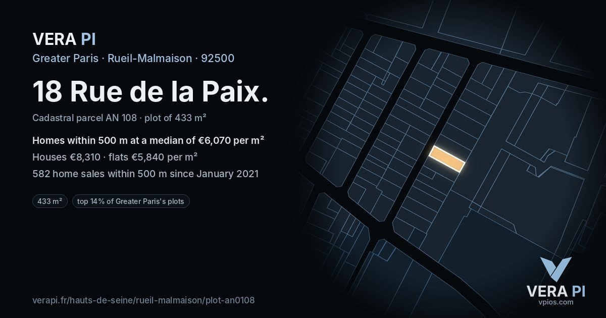 18 Rue de la Paix, Rueil-Malmaison at night – the plot lit, the parcels around coloured by the prices near them