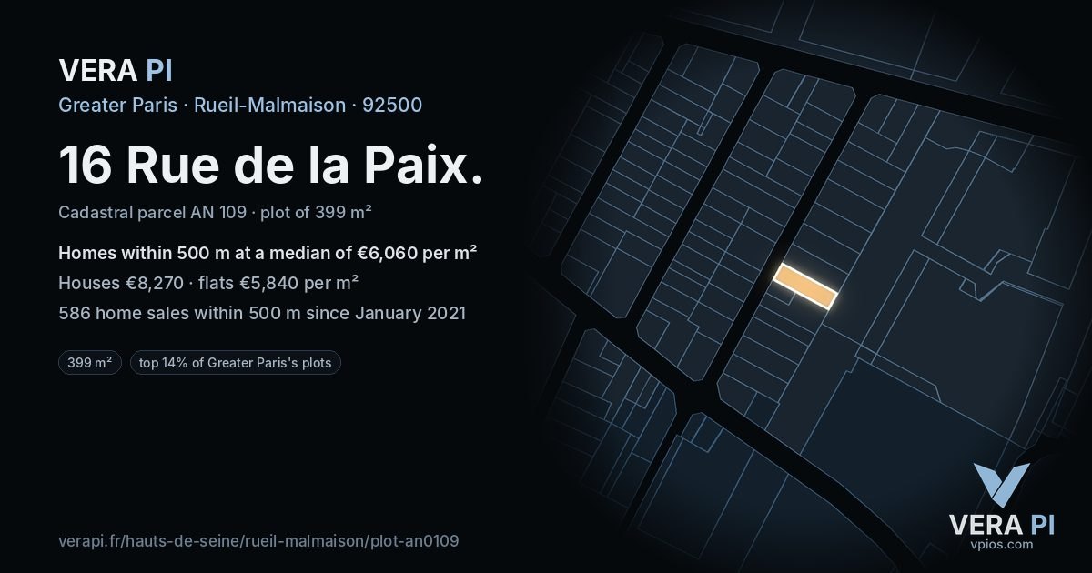 16 Rue de la Paix, Rueil-Malmaison at night – the plot lit, the parcels around coloured by the prices near them