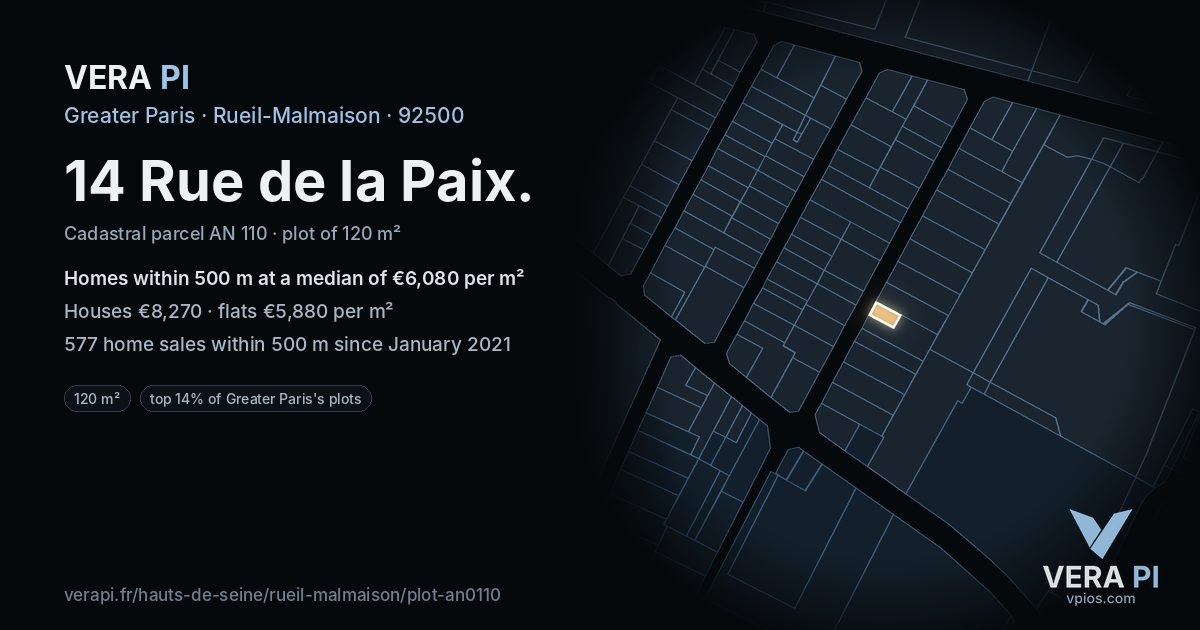 14 Rue de la Paix, Rueil-Malmaison at night – the plot lit, the parcels around coloured by the prices near them