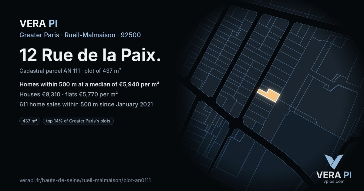 12 Rue de la Paix, Rueil-Malmaison at night – the plot lit, the parcels around coloured by the prices near them