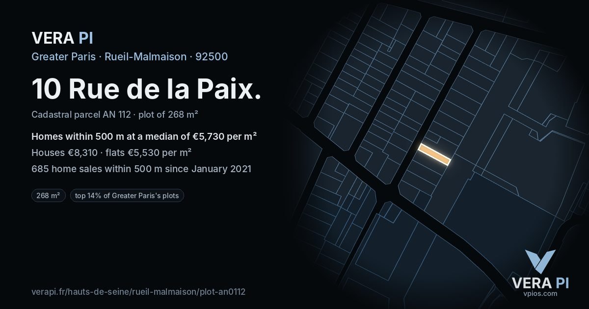 10 Rue de la Paix, Rueil-Malmaison at night – the plot lit, the parcels around coloured by the prices near them