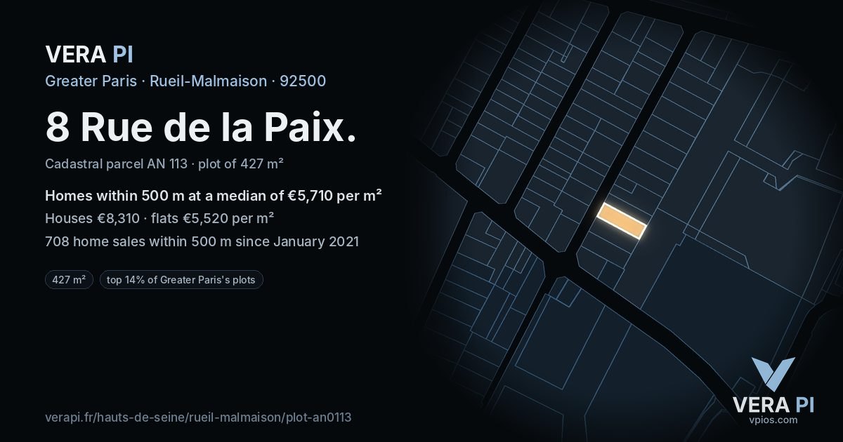 8 Rue de la Paix, Rueil-Malmaison at night – the plot lit, the parcels around coloured by the prices near them