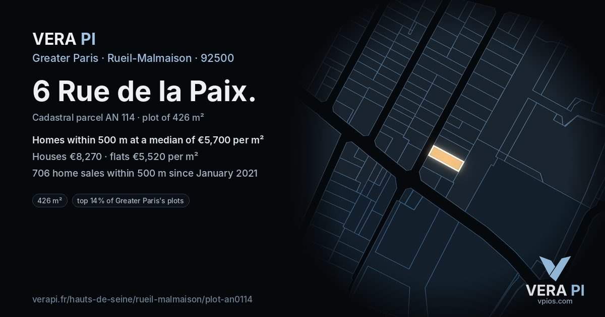 6 Rue de la Paix, Rueil-Malmaison at night – the plot lit, the parcels around coloured by the prices near them