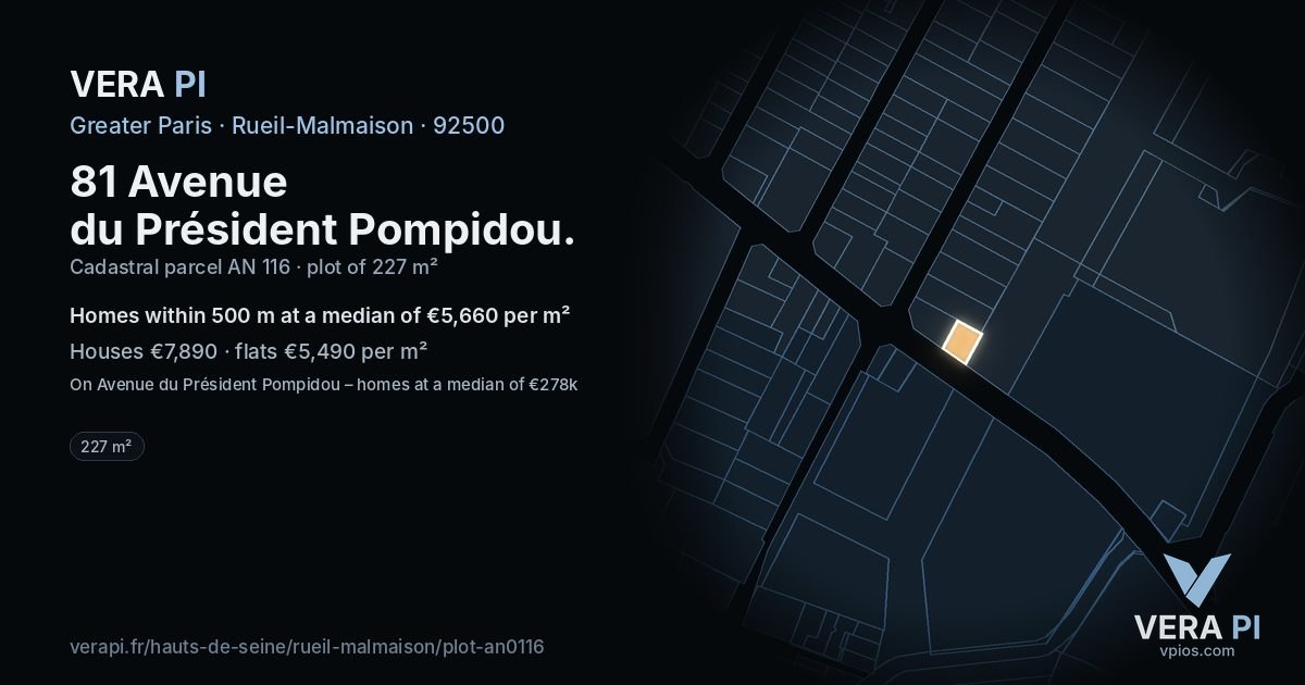 81 Avenue du Président Pompidou, Rueil-Malmaison at night – the plot lit, the parcels around coloured by the prices near them