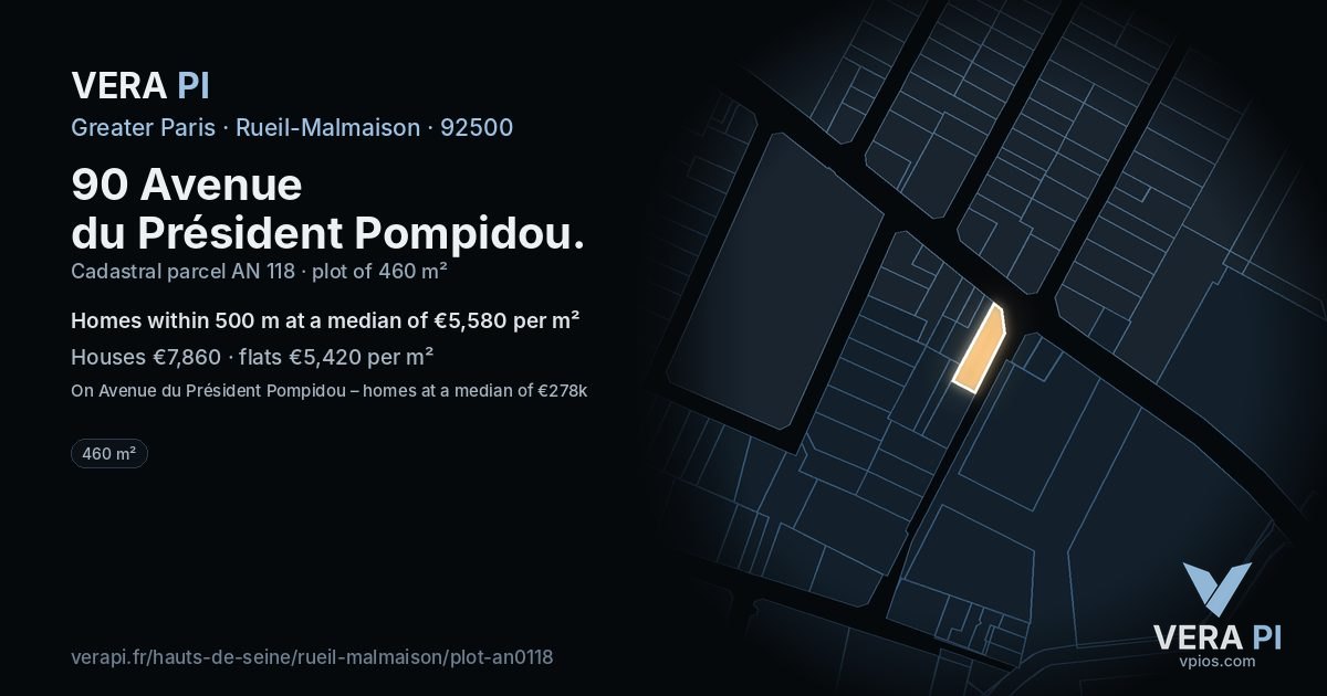 90 Avenue du Président Pompidou, Rueil-Malmaison at night – the plot lit, the parcels around coloured by the prices near them