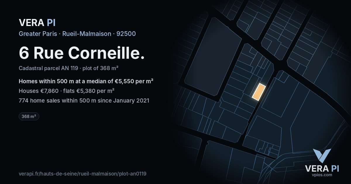 6 Rue Corneille, Rueil-Malmaison at night – the plot lit, the parcels around coloured by the prices near them