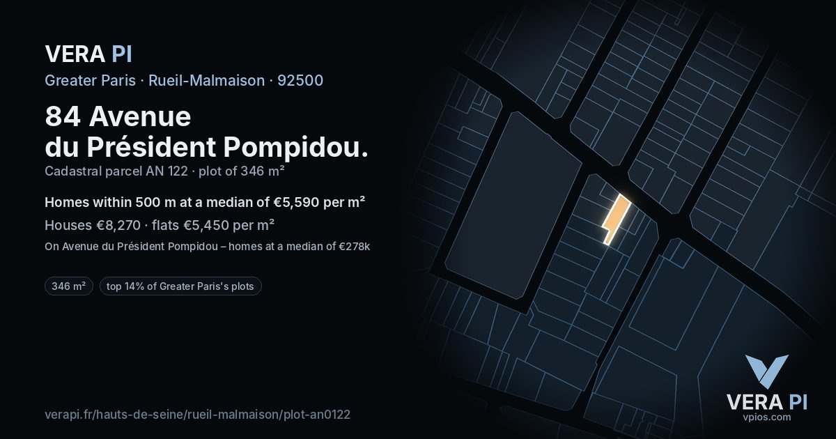 84 Avenue du Président Pompidou, Rueil-Malmaison at night – the plot lit, the parcels around coloured by the prices near them