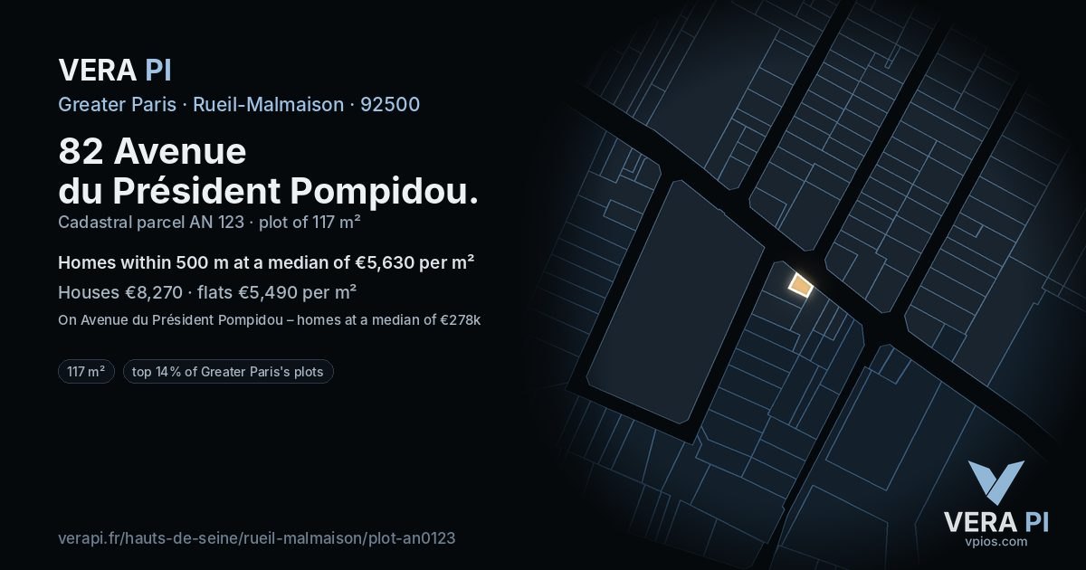 82 Avenue du Président Pompidou, Rueil-Malmaison at night – the plot lit, the parcels around coloured by the prices near them
