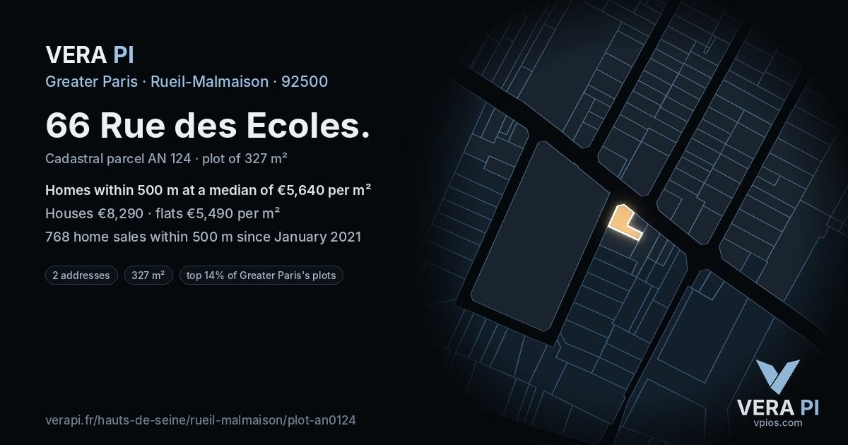 66 Rue des Ecoles, Rueil-Malmaison at night – the plot lit, the parcels around coloured by the prices near them