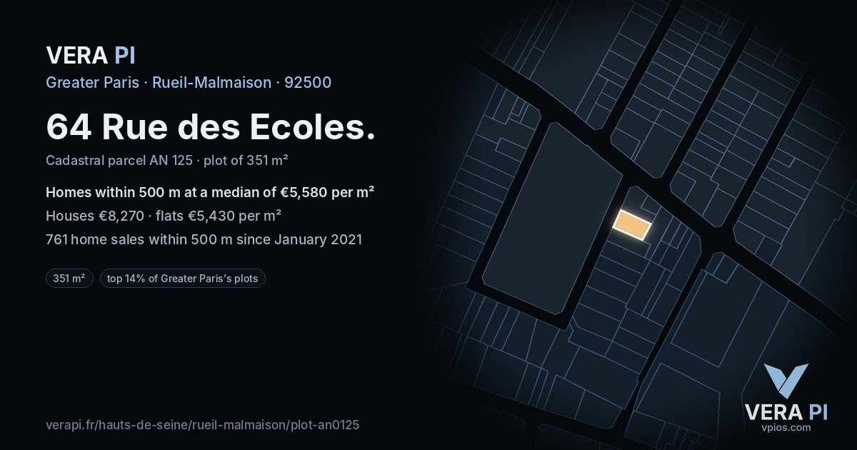 64 Rue des Ecoles, Rueil-Malmaison at night – the plot lit, the parcels around coloured by the prices near them