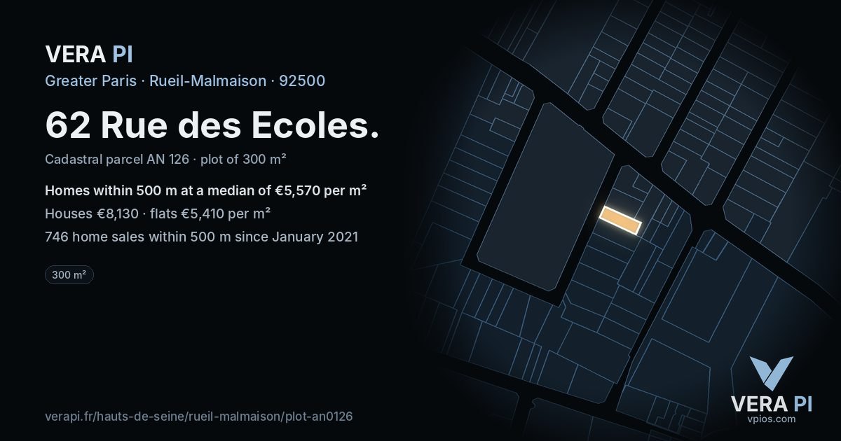 62 Rue des Ecoles, Rueil-Malmaison at night – the plot lit, the parcels around coloured by the prices near them