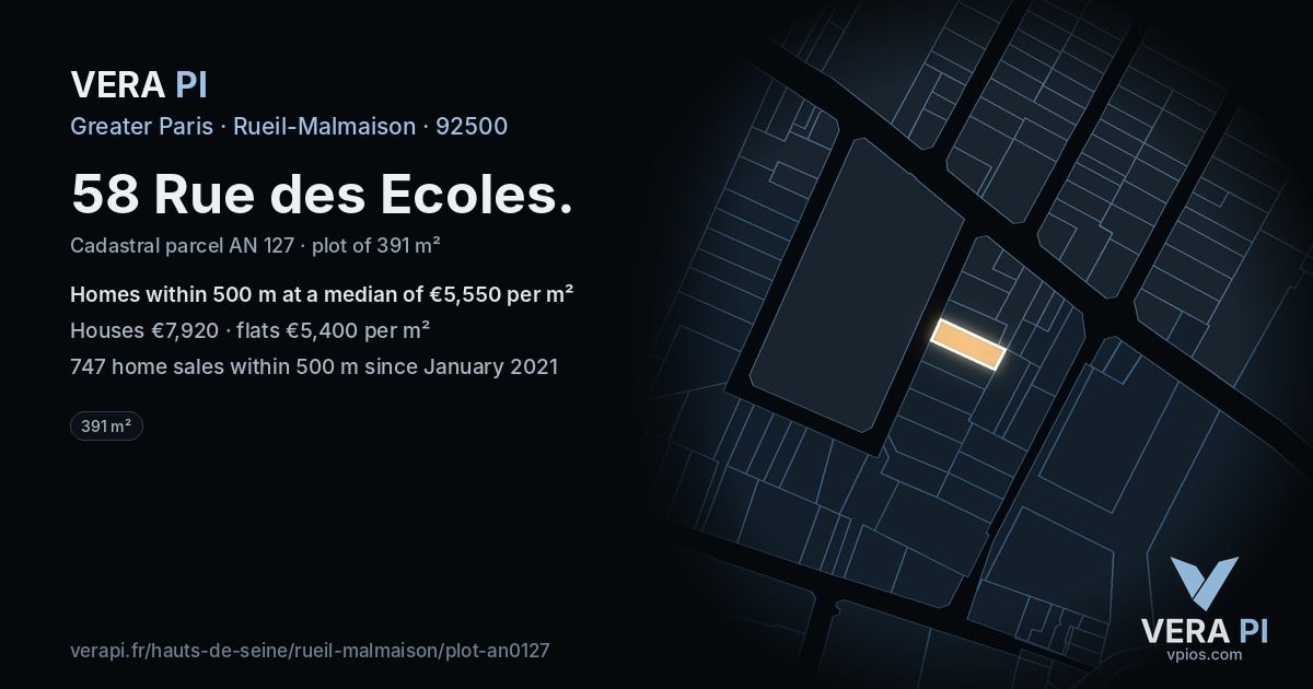 58 Rue des Ecoles, Rueil-Malmaison at night – the plot lit, the parcels around coloured by the prices near them