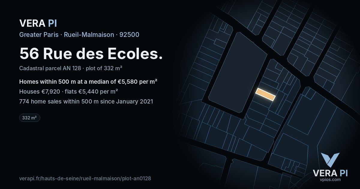 56 Rue des Ecoles, Rueil-Malmaison at night – the plot lit, the parcels around coloured by the prices near them