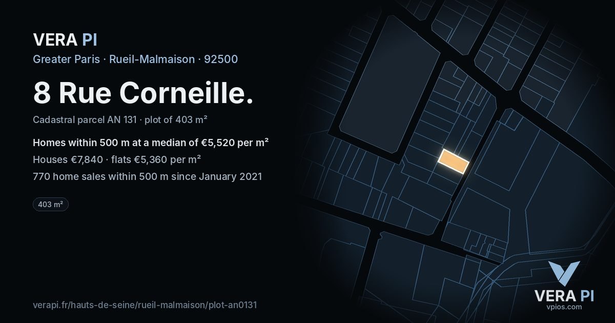8 Rue Corneille, Rueil-Malmaison at night – the plot lit, the parcels around coloured by the prices near them