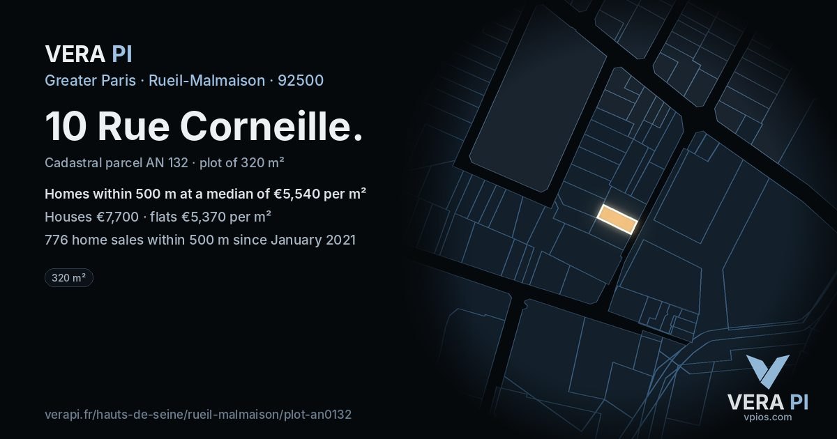 10 Rue Corneille, Rueil-Malmaison at night – the plot lit, the parcels around coloured by the prices near them