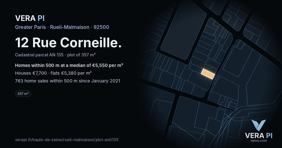12 Rue Corneille, Rueil-Malmaison at night – the plot lit, the parcels around coloured by the prices near them