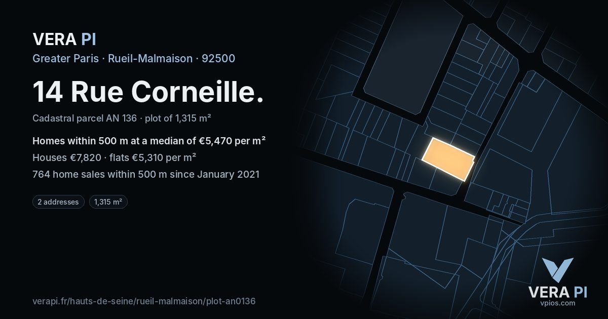 14 Rue Corneille, Rueil-Malmaison at night – the plot lit, the parcels around coloured by the prices near them