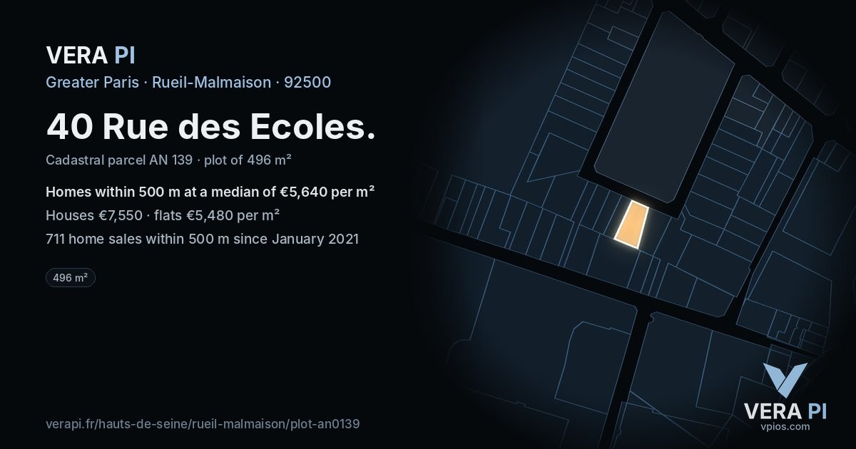 40 Rue des Ecoles, Rueil-Malmaison at night – the plot lit, the parcels around coloured by the prices near them