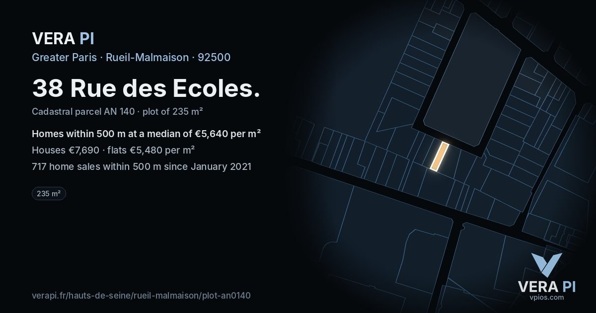 38 Rue des Ecoles, Rueil-Malmaison at night – the plot lit, the parcels around coloured by the prices near them