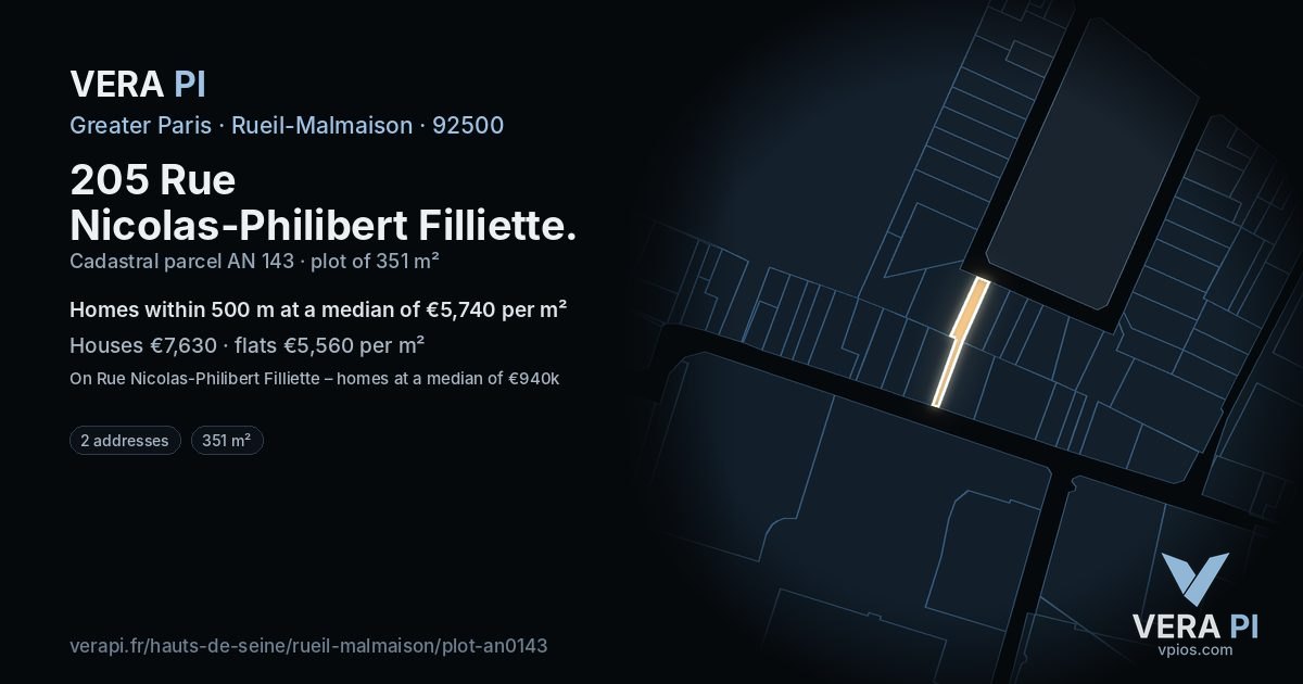 205 Rue Nicolas-Philibert Filliette, Rueil-Malmaison at night – the plot lit, the parcels around coloured by the prices near them