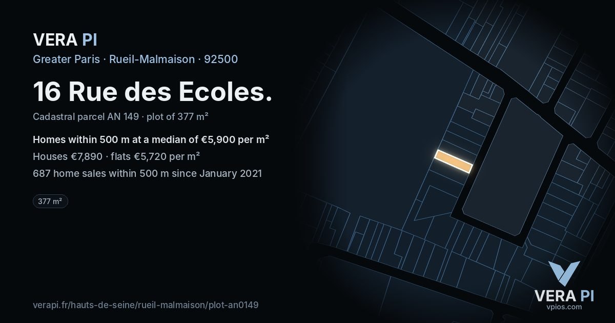16 Rue des Ecoles, Rueil-Malmaison at night – the plot lit, the parcels around coloured by the prices near them