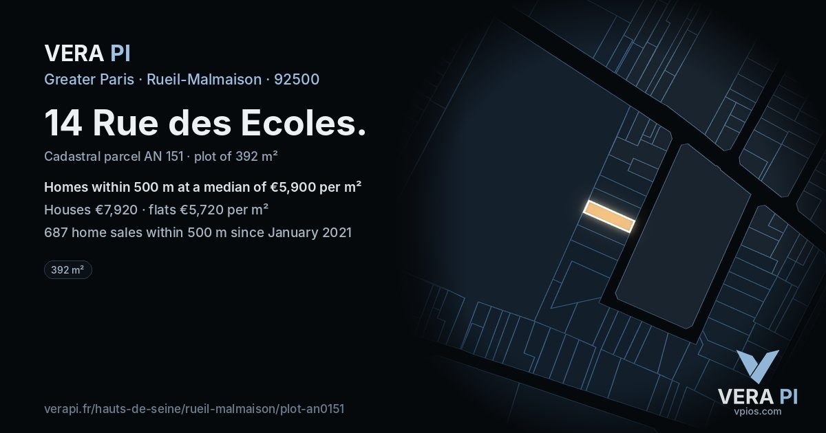14 Rue des Ecoles, Rueil-Malmaison at night – the plot lit, the parcels around coloured by the prices near them