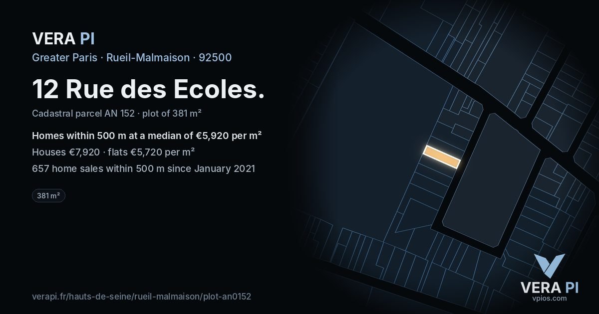 12 Rue des Ecoles, Rueil-Malmaison at night – the plot lit, the parcels around coloured by the prices near them