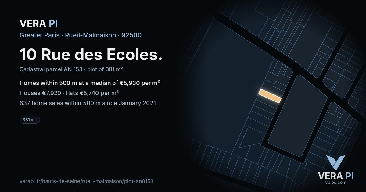 10 Rue des Ecoles, Rueil-Malmaison at night – the plot lit, the parcels around coloured by the prices near them