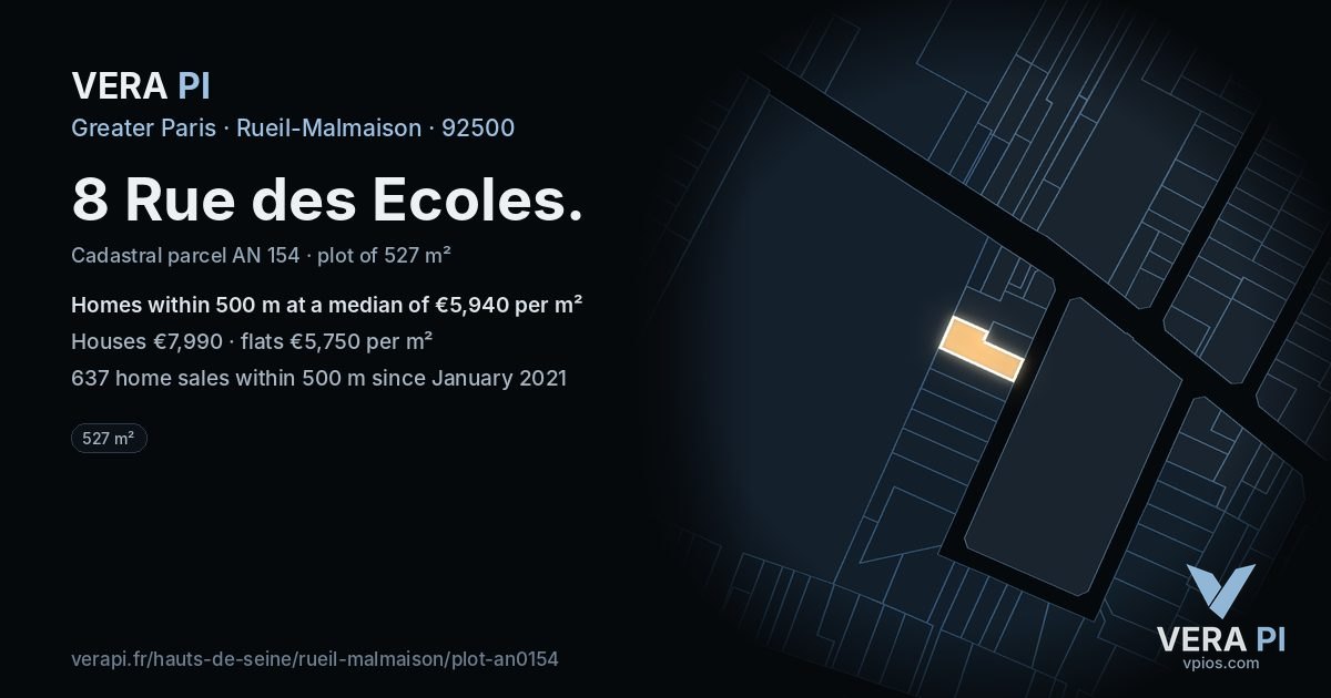 8 Rue des Ecoles, Rueil-Malmaison at night – the plot lit, the parcels around coloured by the prices near them