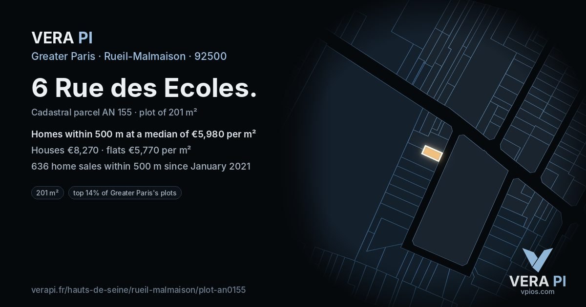 6 Rue des Ecoles, Rueil-Malmaison at night – the plot lit, the parcels around coloured by the prices near them