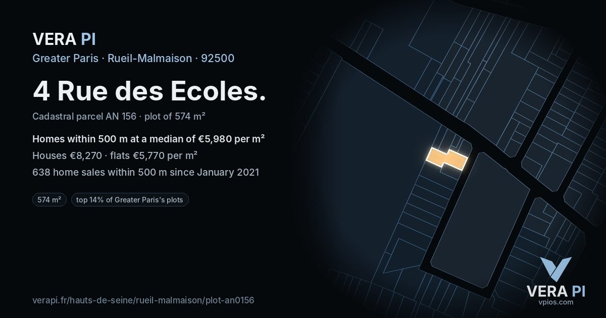 4 Rue des Ecoles, Rueil-Malmaison at night – the plot lit, the parcels around coloured by the prices near them