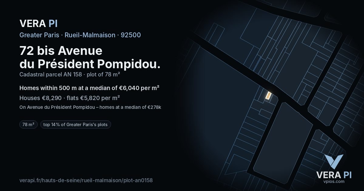 72 bis Avenue du Président Pompidou, Rueil-Malmaison at night – the plot lit, the parcels around coloured by the prices near them