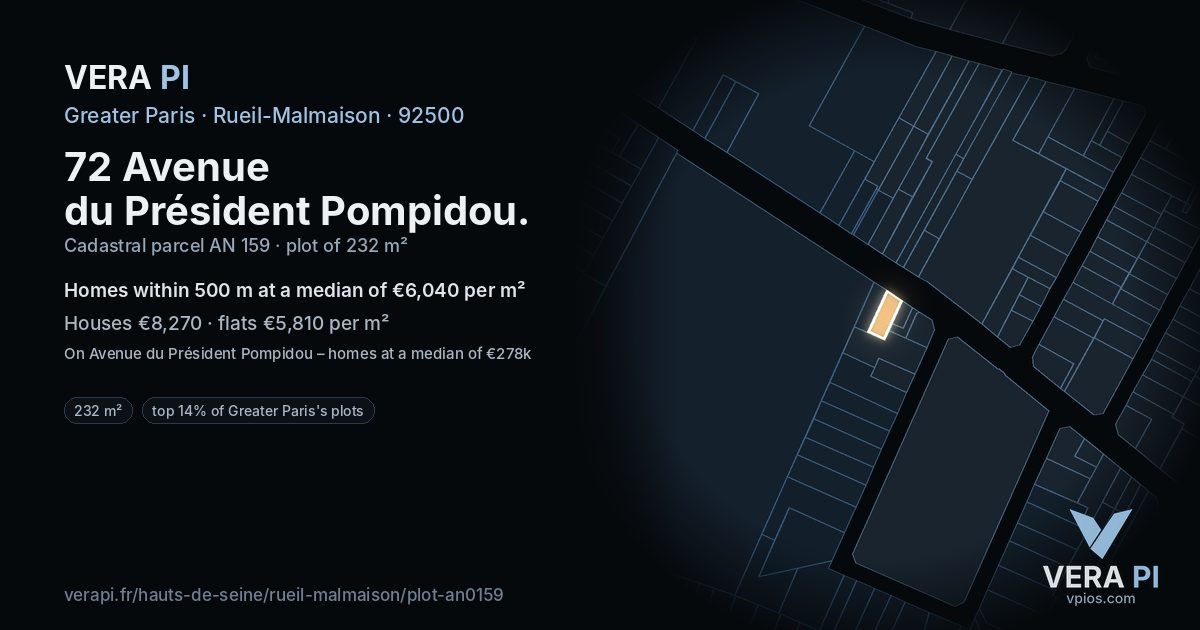 72 Avenue du Président Pompidou, Rueil-Malmaison at night – the plot lit, the parcels around coloured by the prices near them