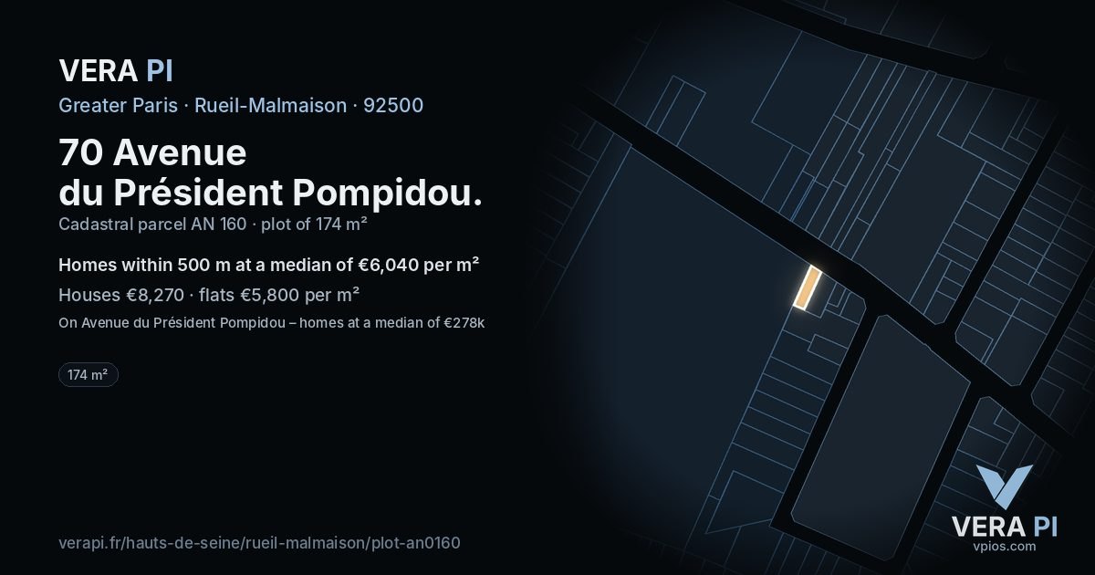 70 Avenue du Président Pompidou, Rueil-Malmaison at night – the plot lit, the parcels around coloured by the prices near them