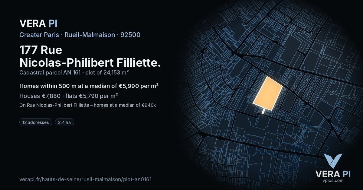 177 Rue Nicolas-Philibert Filliette, Rueil-Malmaison at night – the plot lit, the parcels around coloured by the prices near them