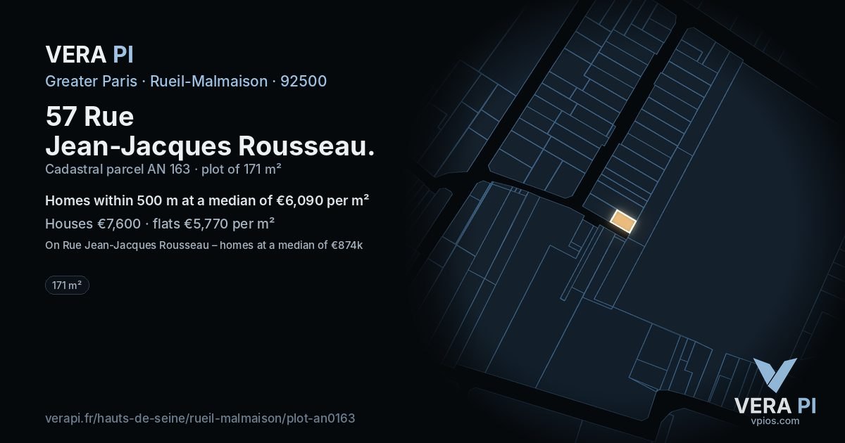 57 Rue Jean-Jacques Rousseau, Rueil-Malmaison at night – the plot lit, the parcels around coloured by the prices near them