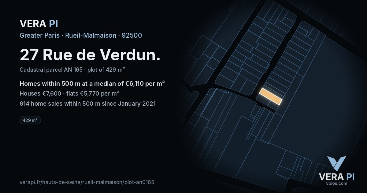 27 Rue de Verdun, Rueil-Malmaison at night – the plot lit, the parcels around coloured by the prices near them