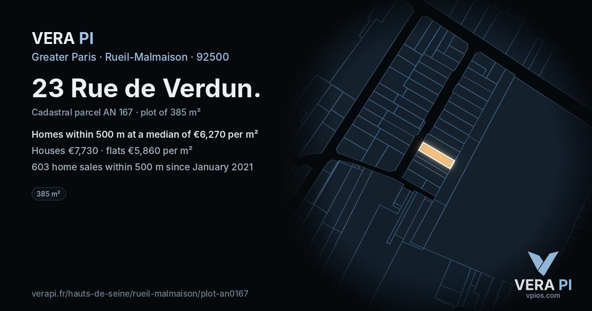 23 Rue de Verdun, Rueil-Malmaison at night – the plot lit, the parcels around coloured by the prices near them