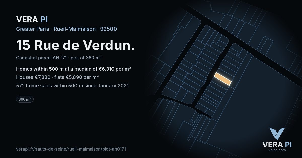 15 Rue de Verdun, Rueil-Malmaison at night – the plot lit, the parcels around coloured by the prices near them